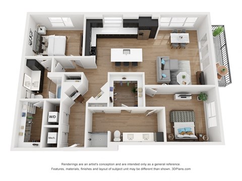 Floor plan for 2 beds, 2 baths, 1391 sqft